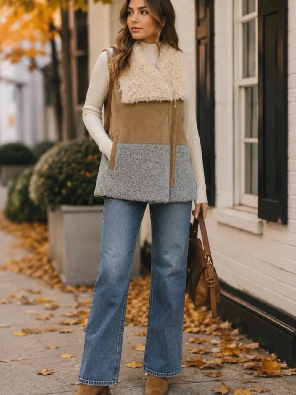 Athena Marie, Mixed Media Moto Vest – Faux Suede & Bouclé Sherpa Vest Jacket